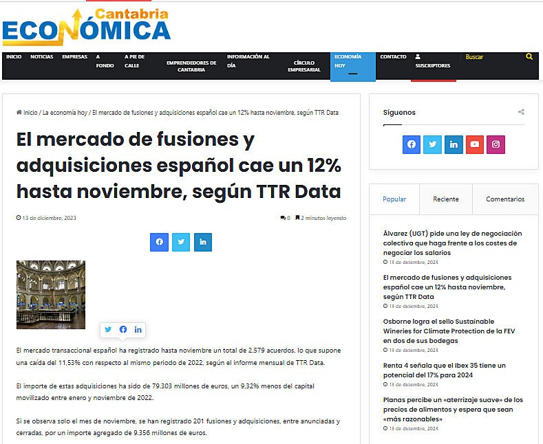 El mercado de fusiones y adquisiciones espaol cae un 12% hasta noviembre, segn TTR Data